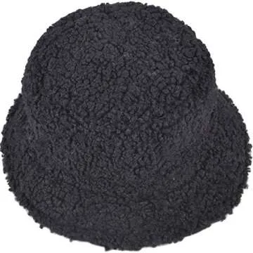 ChezAbbey Faux Fur Bucket Hat, Fuzzy Furry Winter Warm Fisherman Cap, Fluffy Teddy Sherpa Clothe Hats for Women Men Girls Black
