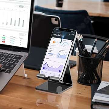 Crpich Acrylic Phone Stand, Ergonomic Design for Apple iPhone and Samsung Galaxy, Compatible with 4-8 Inch Screens, Black
