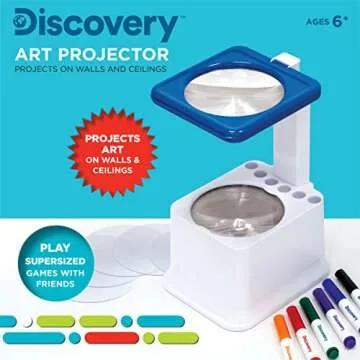 Discovery Kids Art Projector with Six Dry Erase Markers and 10 Reusable Drawing Discs, Draw on Reusable Transparent Sheets, Magnify and Project Art onto Ceilings, Walls, and More