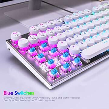 HUO JI E-Yooso Z-88 Wired Typewriter Style Mechanical Gaming Keyboard, Programmable RGB Backlit, Blue Switches - Clicky, USB-C Cable, Metal Panel, 104 Double-Shot Keycaps for PC, White