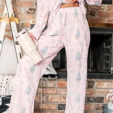 Faretumiya Women Silk Satin Christmas Pajamas Xmas Long Sleeve Sleepwear Holiday Print Two Piece Pjs Pants Set(Santa Pink,Medium)