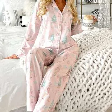 Faretumiya Women Silk Satin Christmas Pajamas Xmas Long Sleeve Sleepwear Holiday Print Two Piece Pjs Pants Set(Santa Pink,Medium)