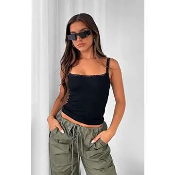 BAIGRAM Women's Y2K Lace Patchwork Strap Crop Camisole Backless Sleeveless Slim Fit Cute Lingerie Summer Casual Black