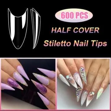 Short Stiletto Nail Tips Clear Nail Tips Half Cover MEKK 600PCS Acrylic False Nail Tips Fake Nail Tips for Nail Salons and DIY Nail Art at Home,10Sizes