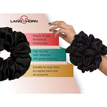 Lang Horn Satin Silk Scrunchies for Hair - Soft Silky Satin Elastic Silk Hair Ties and Hair Bands Scrunchy Ponytail - Silk Hair Scrunchies for Women Girls Lady Children (Set of 4 (Black, Extra Large))