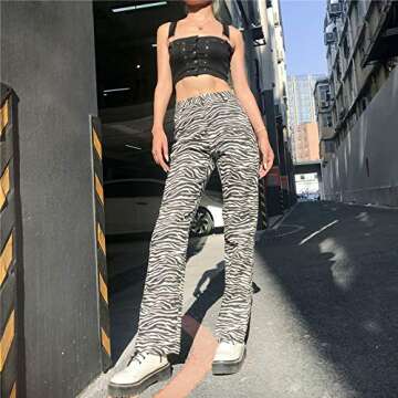 Mistshopy Women Loose Zebra Print Striped Flared Pants High Waist Casual Pants Streetwear Sweatpants (1-Black, S)