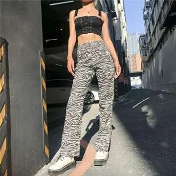 Mistshopy Women Loose Zebra Print Striped Flared Pants High Waist Casual Pants Streetwear Sweatpants (1-Black, S)