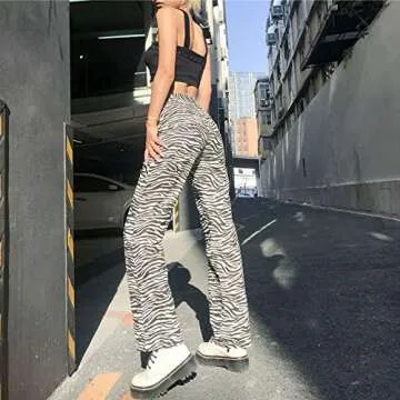 Mistshopy Women Loose Zebra Print Striped Flared Pants High Waist Casual Pants Streetwear Sweatpants (1-Black, S)