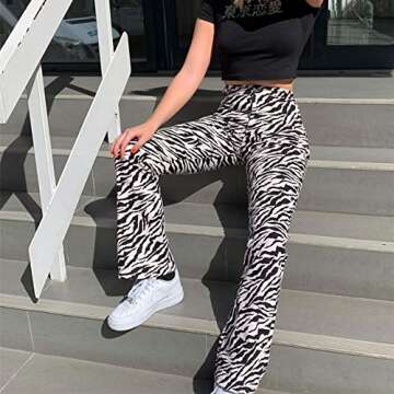 Mistshopy Women Loose Zebra Print Striped Flared Pants High Waist Casual Pants Streetwear Sweatpants (1-Black, S)