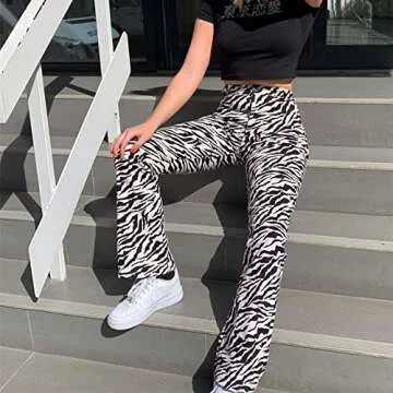Mistshopy Women Loose Zebra Print Striped Flared Pants High Waist Casual Pants Streetwear Sweatpants (1-Black, S)