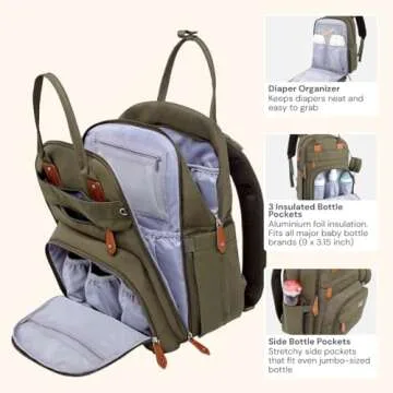 BabbleRoo Diaper Bag Backpack - Baby Essentials Travel Tote - Multi Function Waterproof Diaper Bag, Travel Essentials Baby Bag with Changing Pad, Stroller Straps & Pacifier Case - Unisex, Army Green