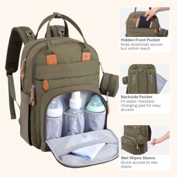 BabbleRoo Diaper Bag Backpack - Baby Essentials Travel Tote - Multi Function Waterproof Diaper Bag, Travel Essentials Baby Bag with Changing Pad, Stroller Straps & Pacifier Case - Unisex, Army Green