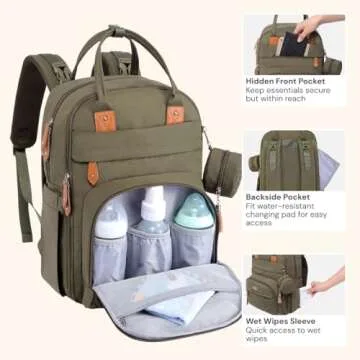 BabbleRoo Diaper Bag Backpack - Baby Essentials Travel Tote - Multi Function Waterproof Diaper Bag, Travel Essentials Baby Bag with Changing Pad, Stroller Straps & Pacifier Case - Unisex, Army Green