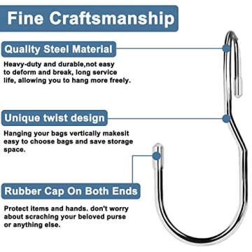 Purse Hanger for Closet, Unique Twist Design Bag Hanger Purse Hooks,5 inch Large Size Closet Rod Hooks for Hanging Bags, Purses, Handbags, Belts, Scarves, Hats,Clothes, Pans and Pots (12 Pack)