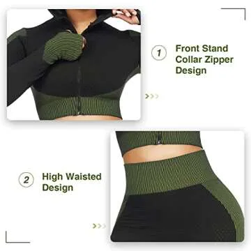 JOYMODE Two Piece Women Workout Sets longsleeve Gym Outfits Crop Top Tummy Control High Waist Leggings Set