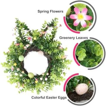 Seasons Easter Bunny Wreath - 16" Eucalyptus Spring Door Decoration with Flowers and Eggs