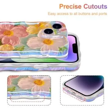 EYZUTAK Case for iPhone 13, Colorful Retro Oil Painting Printed Flower Laser Beam Glossy Pattern Cute Curly Waves Border Exquisite Phone Cover Stylish Durable TPU Protective Case for Girls Women-Green
