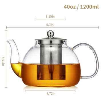 DOPUDO 40OZ (1200ML) Glass Teapot Tea Pot With Infuser, Glass Kettle For Stove Top, Tea Glass Pot, G...