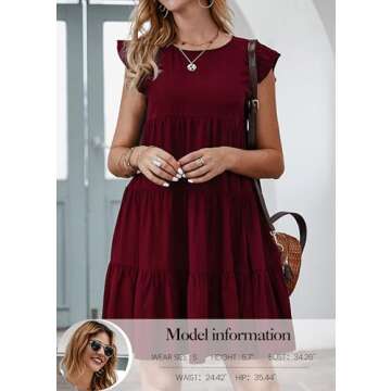 KIRUNDO Wedding Guest Dresses for Women Short Summer Sleeveless Ruffle Sleeve Round Neck Loose Short Flowy Pleated Tiered Mini Dress (Wine Red, Large)