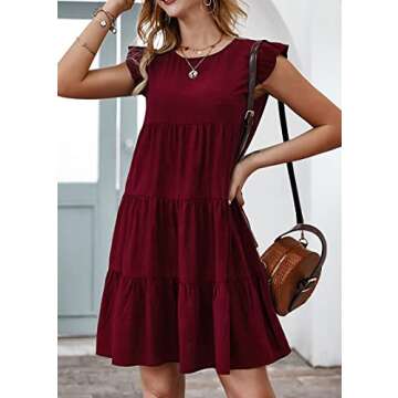 KIRUNDO Wedding Guest Dresses for Women Short Summer Sleeveless Ruffle Sleeve Round Neck Loose Short Flowy Pleated Tiered Mini Dress (Wine Red, Large)