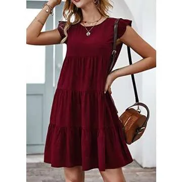 KIRUNDO Wedding Guest Dresses for Women Short Summer Sleeveless Ruffle Sleeve Round Neck Loose Short Flowy Pleated Tiered Mini Dress (Wine Red, Large)