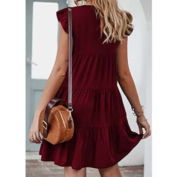 KIRUNDO Wedding Guest Dresses for Women Short Summer Sleeveless Ruffle Sleeve Round Neck Loose Short Flowy Pleated Tiered Mini Dress (Wine Red, Large)