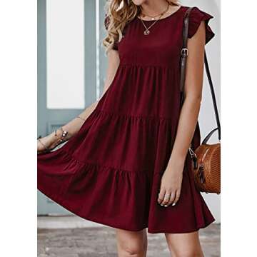KIRUNDO Wedding Guest Dresses for Women Short Summer Sleeveless Ruffle Sleeve Round Neck Loose Short Flowy Pleated Tiered Mini Dress (Wine Red, Large)