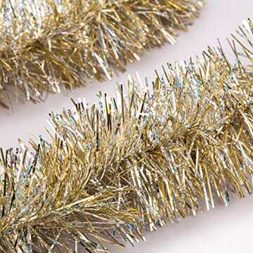ARCCI Gold Christmas Tinsel Garland Holiday Decoration, 20 ft Classic Thick Colorful Reflections Shiny Sparkly Soft Party Hanging Tinsel, Xmas Tree Ceiling Ornaments Decorations, 3.5 inch Wide