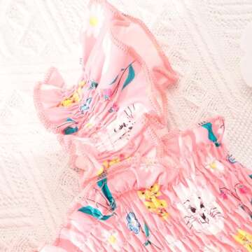 RETSUGO Girls Easter Bunny Dress Flutter Sleeve Swing Twirly Shirred Sundress Toddler Tiered Sundresses Easter Outfit Kids Rabitt Dresses 3-4 Years