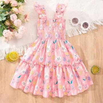RETSUGO Girls Easter Bunny Dress Flutter Sleeve Swing Twirly Shirred Sundress Toddler Tiered Sundresses Easter Outfit Kids Rabitt Dresses 3-4 Years