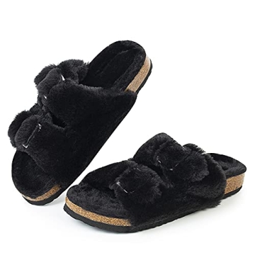 FITORY Womens Open Toe Slipper with Cozy Lining,Faux Rabbit Fur Cork Slide Sandals Black Size 8