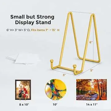 TR-LIFE Plate Stands for Display - 6 Inch Plate Holder Display Stand + Metal Frame Holder Stand for Picture, Decorative Plate, Photo Easel, Tabletop Art (Gold 2 Pack)