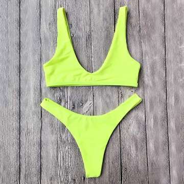 ZAFUL Swimsuit High Cut Cheeky Thong Bikini Scoop Neck Two Piece Bathing Suits for Women Neon Yellow S