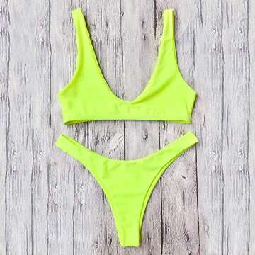 ZAFUL Swimsuit High Cut Cheeky Thong Bikini Scoop Neck Two Piece Bathing Suits for Women Neon Yellow S