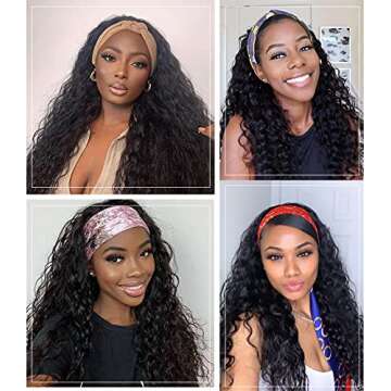 Alicoco Headband Wig Curly Headband Wigs for Women 180% Density Water Wave Glueless Wig Synthetic half Wig with Headbands Attached (26 Inch, 1B)