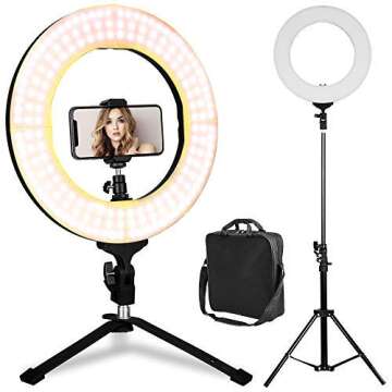 LED Ring Light with Stand, Table Top Halo Light Ring, Live Video Lighting Kit Bi-Color Dimmable CRI 90+ Adjustable w/Phone Holder, YouTube Studio Makeup (14 Inch)