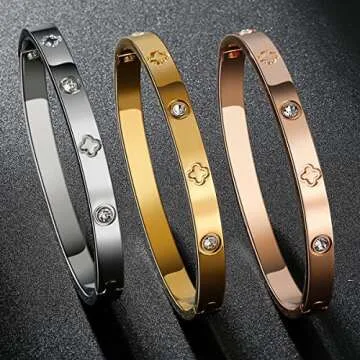 RIMRIVA Gold Bangle Bracelets for Women Love Gifts Clover Bracelet Stainless Steel Crystal Jewelry Birthday Graduation Her Anniversary Wedding Christmas Gifts Mom Wife Girlfriend Best Friend