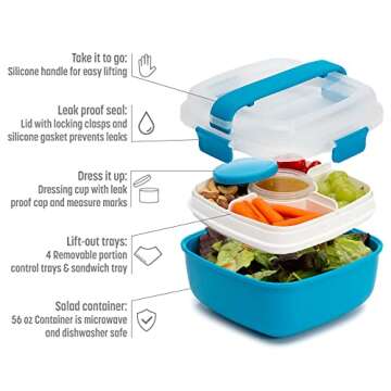 Goodful Stackable Lunch Box Container, Bento Style Food Storage with Removeable Compartments for Sandwich, Snacks, Toppings & Dressing, Leak-Proof and Made without BPA, 56-Ounce, Blue