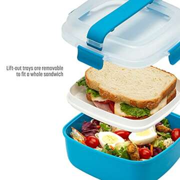 Goodful Stackable Lunch Box Container, Bento Style Food Storage with Removeable Compartments for Sandwich, Snacks, Toppings & Dressing, Leak-Proof and Made without BPA, 56-Ounce, Blue