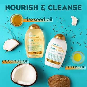 OGX Lightweight + Coconut Fine Curls Shampoo, Lightweight, Shampoo for Curly Hair, Coconut Water Shampoo, Flaxseed Oil, Citrus Oil, 13 Fl Oz
