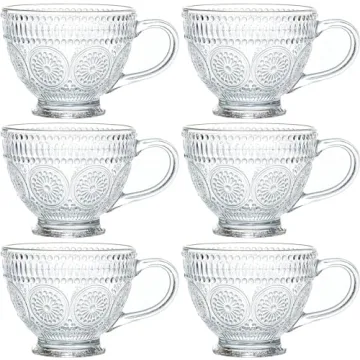 Kingrol Glass Coffee Mugs with Handles, 6 Pack 12.5 Ounces Embossed Tea Cups, Vintage Drinking Glass...