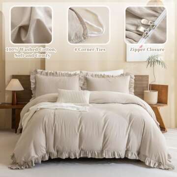 QSH 100% Cotton Duvet Cover King Ruffle Duvet Cover Linen Textured Farmhouse Shabby Vintage Chic Bed...
