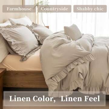 QSH 100% Cotton Duvet Cover King Ruffle Duvet Cover Linen Textured Farmhouse Shabby Vintage Chic Bedding Comforter Cover 3 PCs Aesthetic French Country Neutral King Bedding