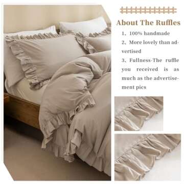 QSH 100% Cotton Duvet Cover King Ruffle Duvet Cover Linen Textured Farmhouse Shabby Vintage Chic Bedding Comforter Cover 3 PCs Aesthetic French Country Neutral King Bedding