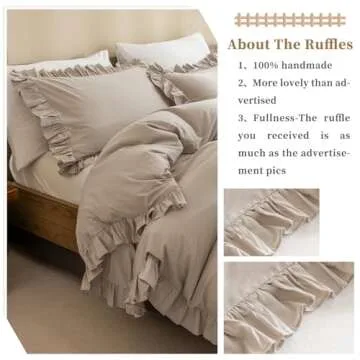 QSH 100% Cotton Duvet Cover King Ruffle Duvet Cover Linen Textured Farmhouse Shabby Vintage Chic Bedding Comforter Cover 3 PCs Aesthetic French Country Neutral King Bedding
