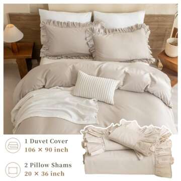 QSH 100% Cotton Duvet Cover King Ruffle Duvet Cover Linen Textured Farmhouse Shabby Vintage Chic Bedding Comforter Cover 3 PCs Aesthetic French Country Neutral King Bedding