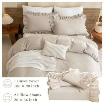 QSH 100% Cotton Duvet Cover King Ruffle Duvet Cover Linen Textured Farmhouse Shabby Vintage Chic Bedding Comforter Cover 3 PCs Aesthetic French Country Neutral King Bedding