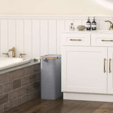 Lifewit 50L Slim Laundry Hamper with Lid, Narrow Laundry Basket with Removable Bag & Bamboo Handles, Fodable Thin Dirty Clothes Hamper for Laundry Collapsible Bin for Bathroom Bedroom Dorm, Gray