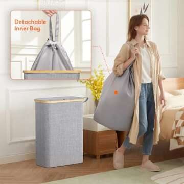 Lifewit 50L Slim Laundry Hamper with Lid, Narrow Laundry Basket with Removable Bag & Bamboo Handles, Fodable Thin Dirty Clothes Hamper for Laundry Collapsible Bin for Bathroom Bedroom Dorm, Gray