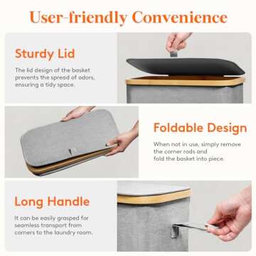 Lifewit 50L Slim Laundry Hamper with Lid, Narrow Laundry Basket with Removable Bag & Bamboo Handles, Fodable Thin Dirty Clothes Hamper for Laundry Collapsible Bin for Bathroom Bedroom Dorm, Gray